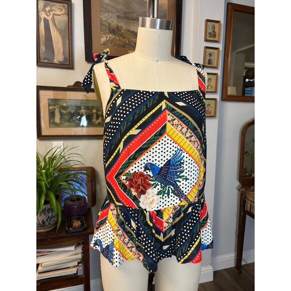 FARM Rio x Anthropologie Carmen peplum tank top blouse parrot print tie shoulder - Picture 10 of 10